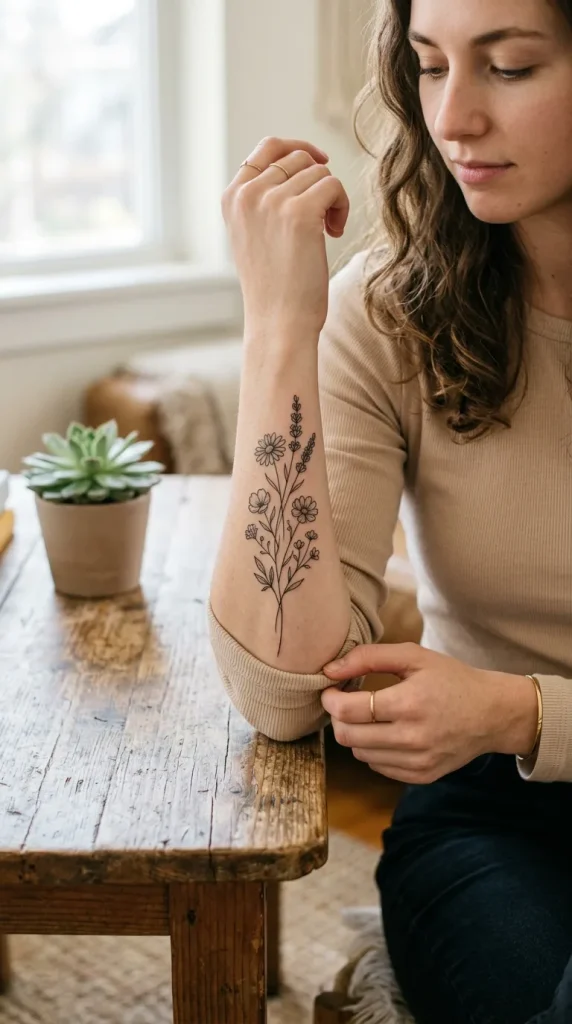 Fine Line Wildflower Stem Tattoo