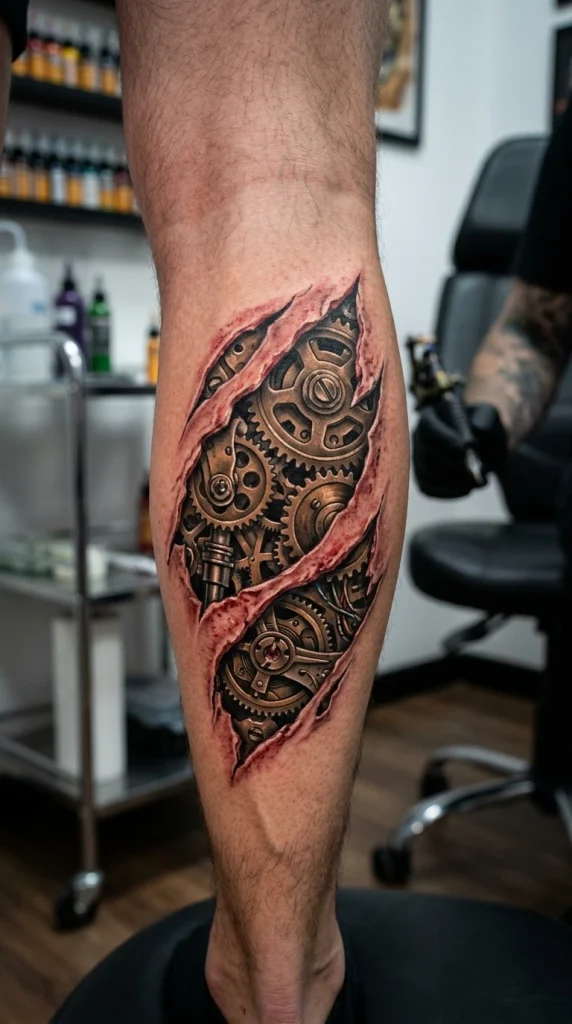 Mechanical Gear Exposed Beneath Skin Tattoos