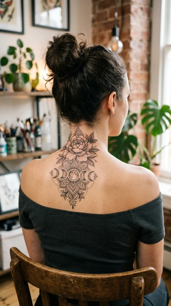 Peony & Moon Phase Mandala Tattoo